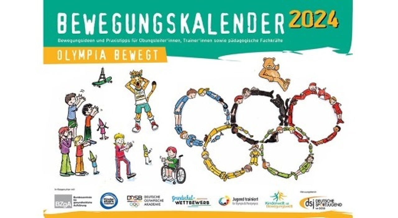 Das Titelbild des dsj-Bewegungskalenders 2024 zeigt eine Zeichnung von Kindern, die die olympischen Ringe bilden und Kindern, die dazu applaudieren.