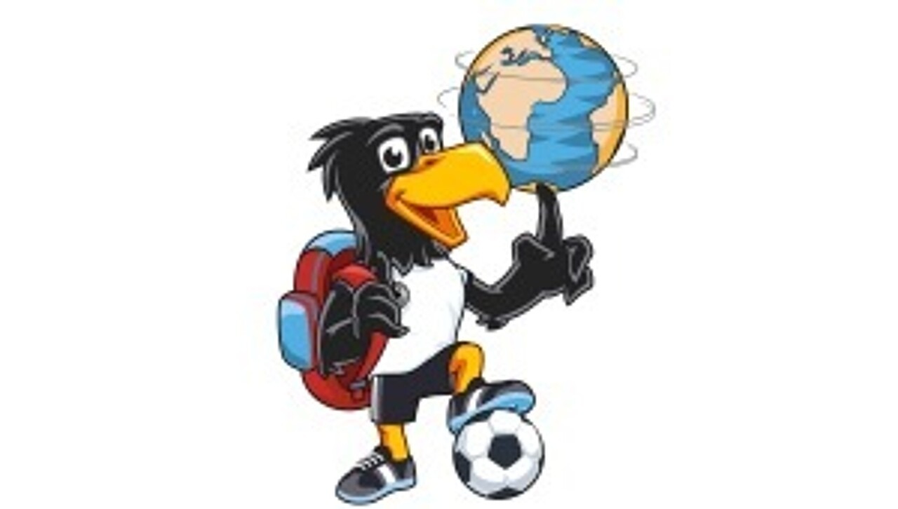 DFB-Maskottchen Paule, ein fußballbegeisterter, junger Adler mit Weltkugel