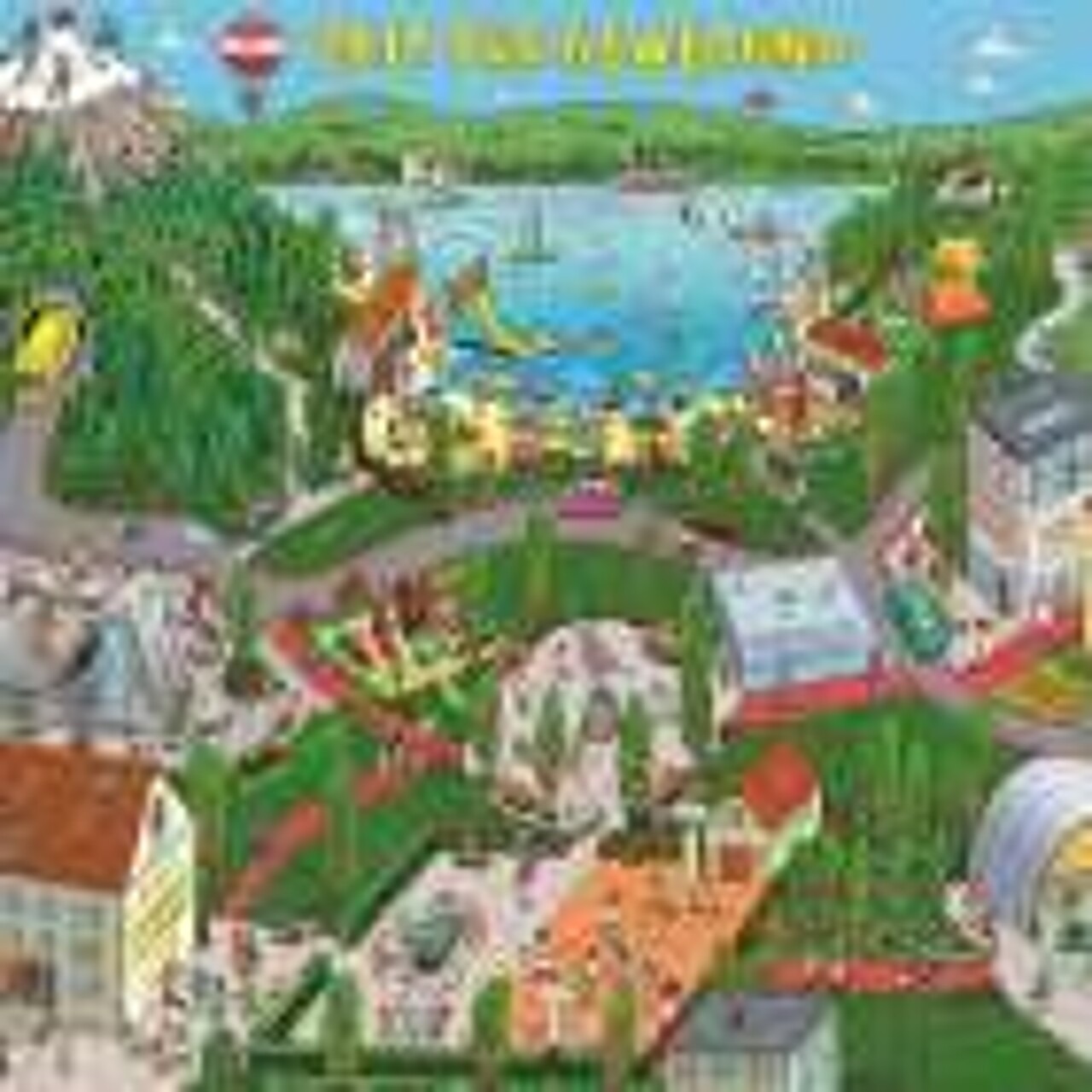 Das bunte Wimmelbild zeigt eine Stadt mit vielen Bewegungsmöglichkeiten in Häusern, auf Plätzen, im Park, auf einem Berg und an einem See.