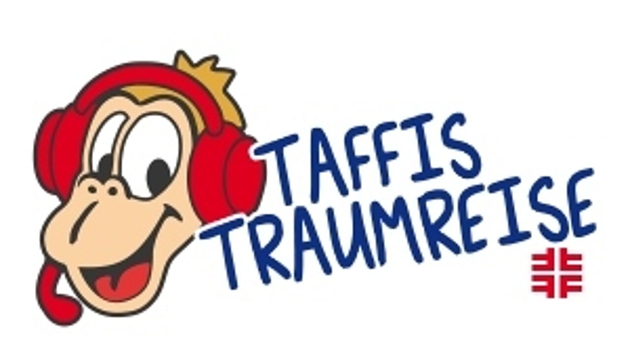 DTJ-Maskottchen Taffi mit Kopfhörern und dem Schriftzug „Taffis Traumreise“