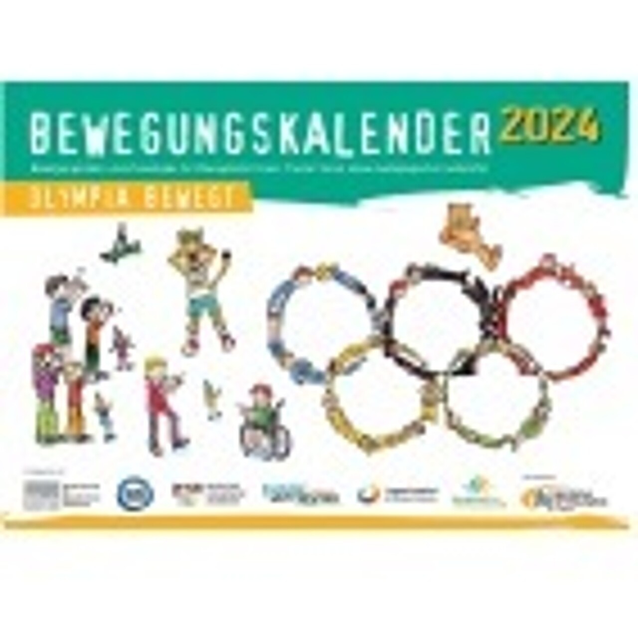 Das Titelbild des dsj-Bewegungskalenders zeigt eine Zeichnung von Kindern, die die olympischen Ringe bilden und Kindern, die dazu applaudieren.