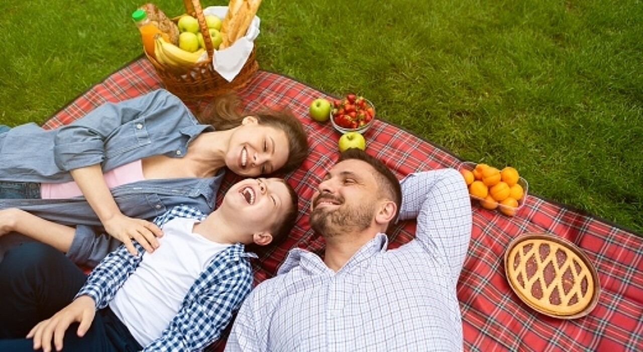 Mutter, Sohn und Vater liegen auf rot-karierter Picknickdecke und strahlen.
