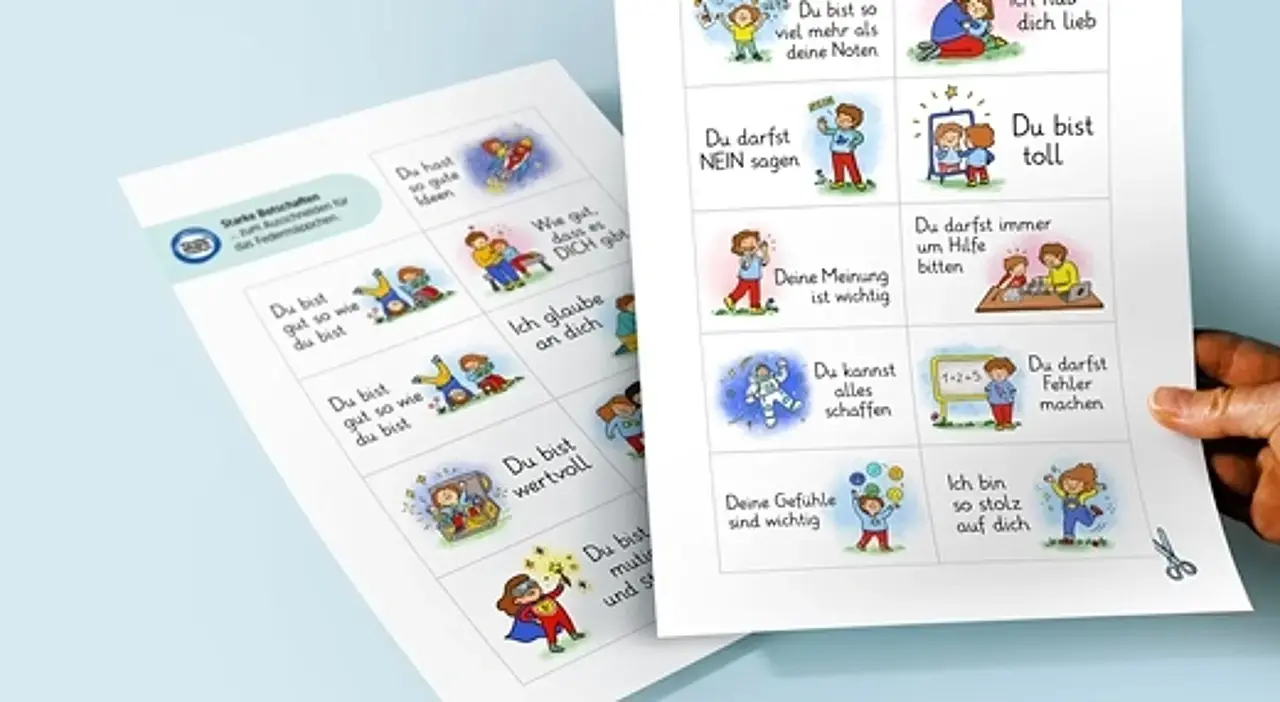 Bild zweier Papierbögen mit den illustrierten starken Botschaften für Kinder zum Ausschneiden.