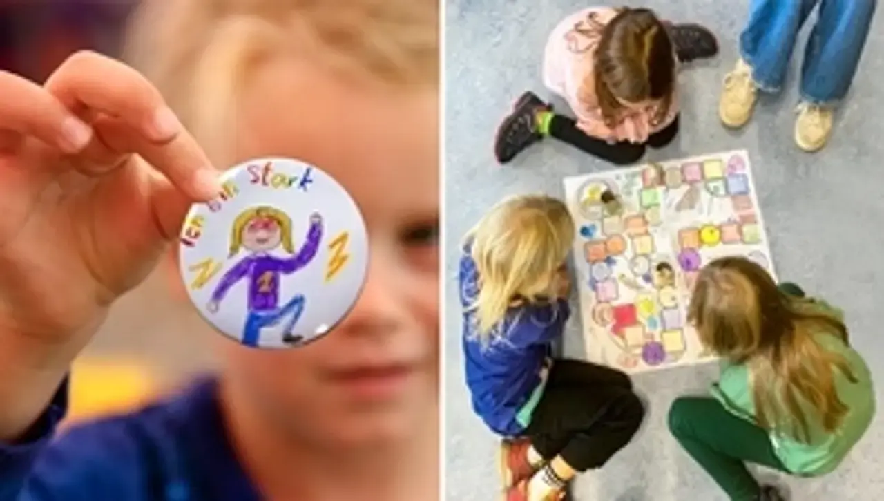 2 Bilder nebeneinander: Kinder sitzen um einen Spielplan und spielen "Party im Löwengehege", daneben ein Kind mit einem selbst gestalteten "Ich bin stark"-Button.