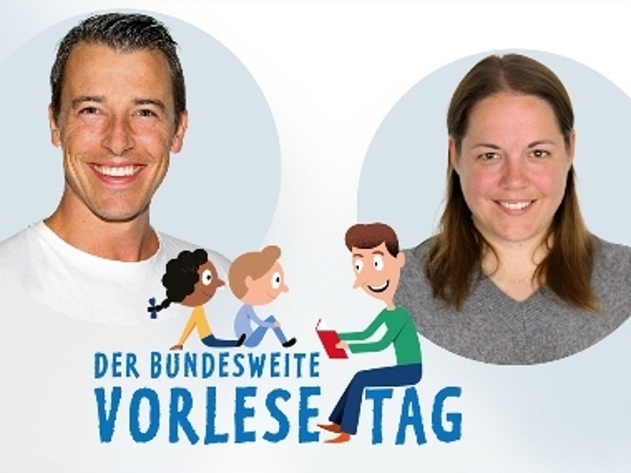 Porträt-Collage von Dominik Klein und Julia Nikoleit und dem offiziellen Logo zum Vorlesetag