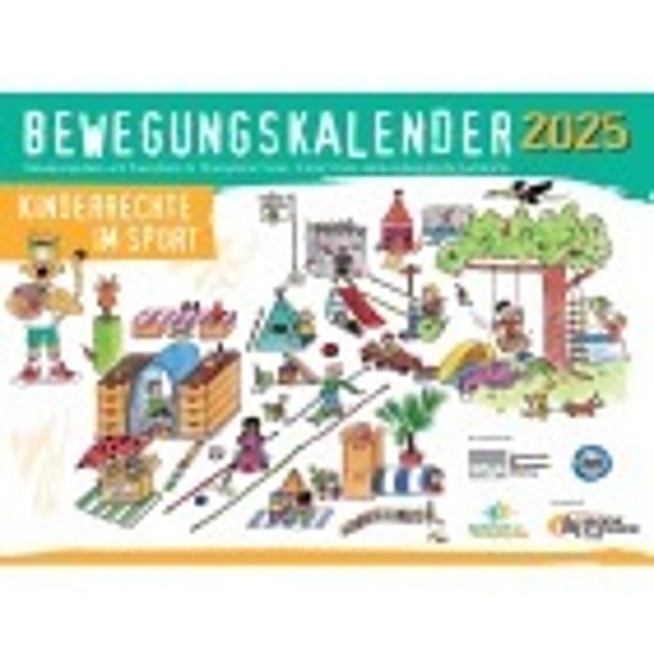 Das Titelbild des dsj-Bewegungskalenders 2025 „Kinderrechte im Sport“ zeigt eine Illustrationen von verschiedenen Kinderspielen. 