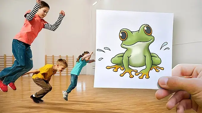 Das Bild zeigt Kinder in der Turnhalle, die hüpfen wie ein Frosch und dazu die entsprechende Bildkarte - einen Frosch.
