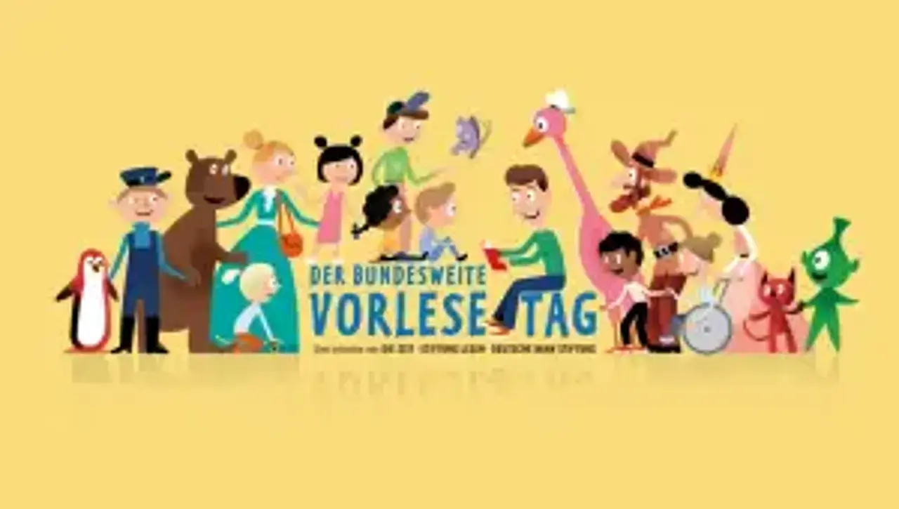 © Gert Albrecht für DIE ZEIT, Stiftung Lesen, Deutsche Bahn Stiftung Das bunte Logo des bundesweiten Vorlestags - Illustration mit vielen Kindern und Tieren um einen Vorleser