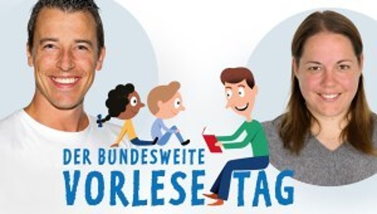 Porträt-Collage von Dominik Klein und Julia Nikoleit und dem offiziellen Logo zum Vorlesetag