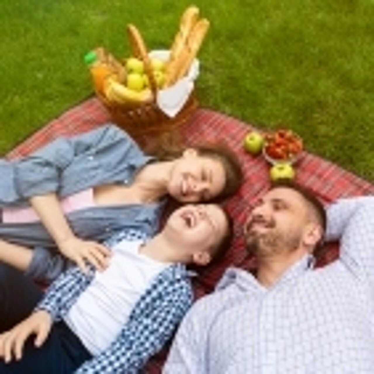 Mutter, Sohn und Vater liegen auf rot-karierter Picknickdecke und strahlen.