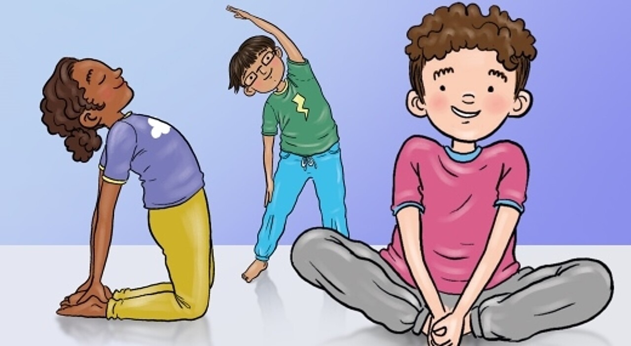 Illustration dreier Kinder, die unterschiedliche Yogaübungen machen.