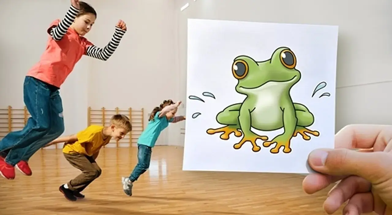 Das Bild zeigt Kinder in der Turnhalle, die hüpfen wie ein Frosch und dazu die entsprechende Bildkarte - einen Frosch.