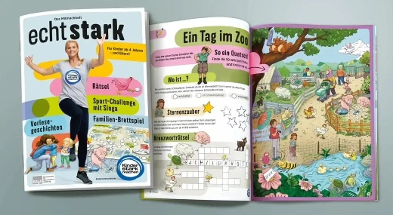 Collage aus Titelbild mit Singa und dem aufgeschlagenen Magazin mit Rätseln und buntem Fehlersuchbild.
