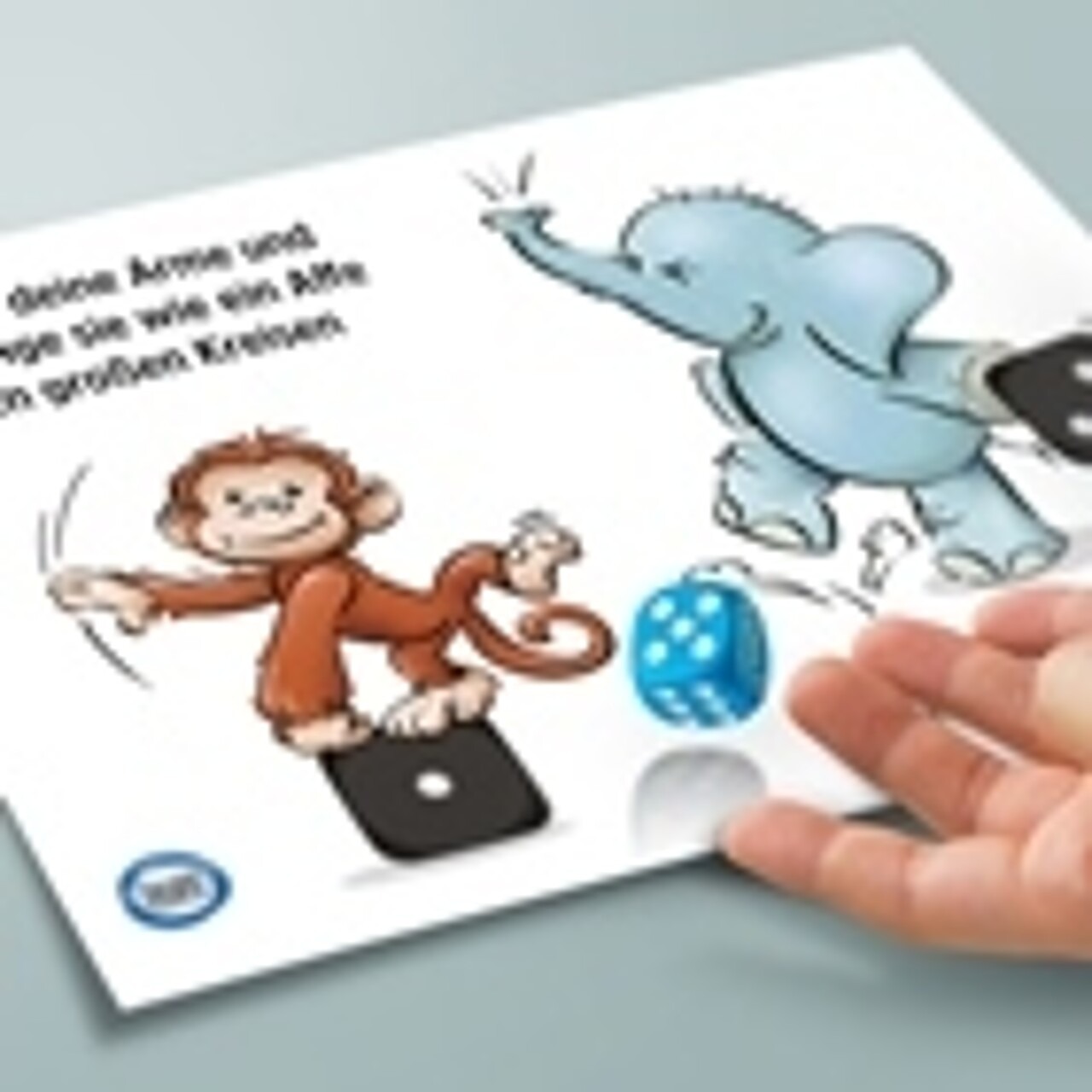 Illustration von Affe und Elephant mit Hand, die würfelt. 