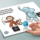 Illustration von Affe und Elephant mit Hand, die würfelt. 
