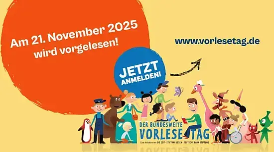 Das bunte Logo des bundesweiten Vorlestags fordert mit dem Schriftzug „Jetzt anmelden“ zum Mitmachen auf.