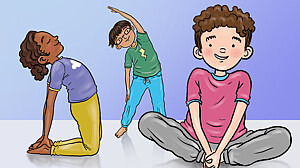 Illustration dreier Kinder, die unterschiedliche Yogaübungen machen.