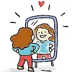 Eine Illustration von Eva Burdkhardt zeigt ein Mädchen, das sein Spiegelbild zufrieden anschaut. Darüber ein Herzchen.