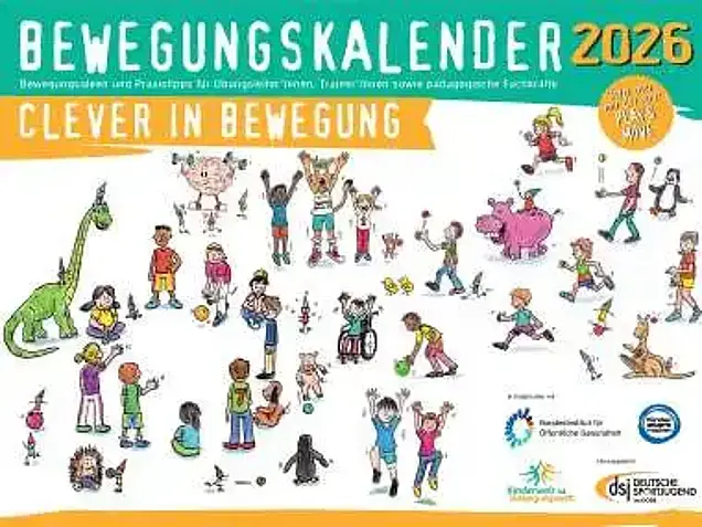 Das Titelbild des dsj-Bewegungskalenders 2026 „Clever in Bewegung“ zeigt eine Illustration von Kindern in verschiedenen Bewegungsformen. 