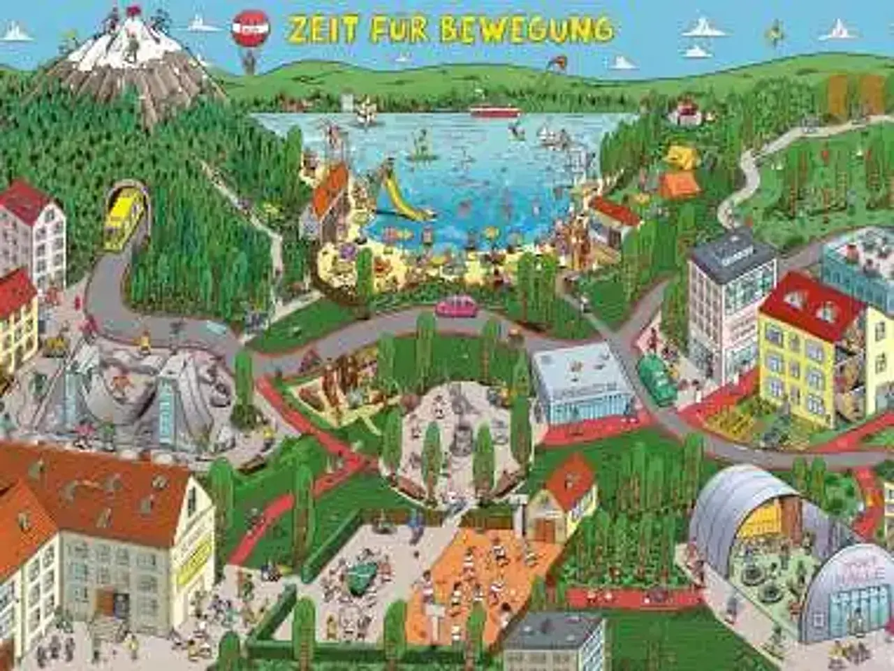 Das bunte Wimmelbild zeigt eine Stadt mit vielen Bewegungsmöglichkeiten in Häusern, auf Plätzen, im Park, auf einem Berg und an einem See.