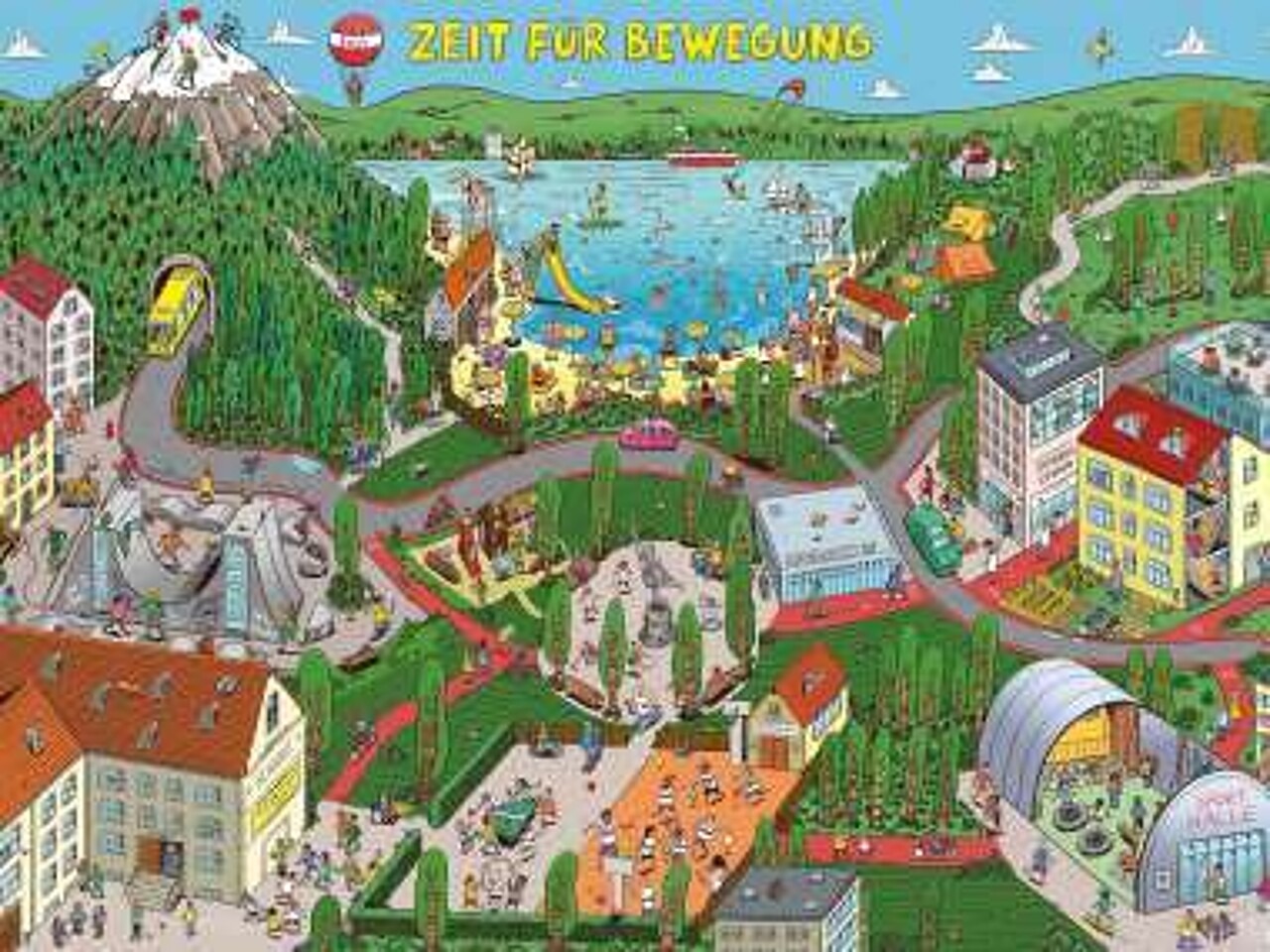 Das bunte Wimmelbild zeigt eine Stadt mit vielen Bewegungsmöglichkeiten in Häusern, auf Plätzen, im Park, auf einem Berg und an einem See.