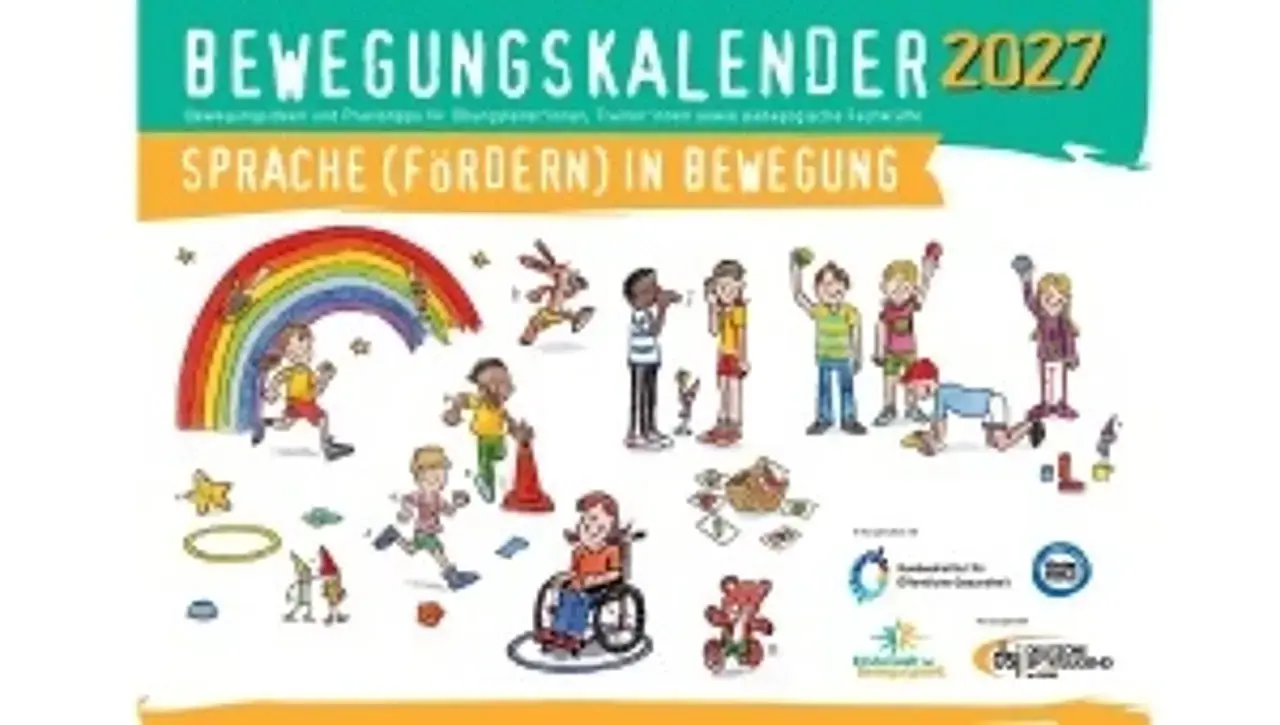 Der dsj-Bewegungskalender 2027 zeigt eine Illustration von Kindern bei verschiedenen Bewegungsspielen, daneben einen Regenbogen.