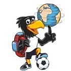 DFB-Maskottchen Paule, ein fußballbegeisterter, junger Adler mit der Weltkugel