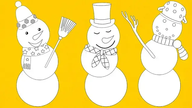 Bastelvorlage, auf der drei weiße Schneemänner, bestehend aus drei übereinandergesetzten Papierkreisen, zu sehen sind.