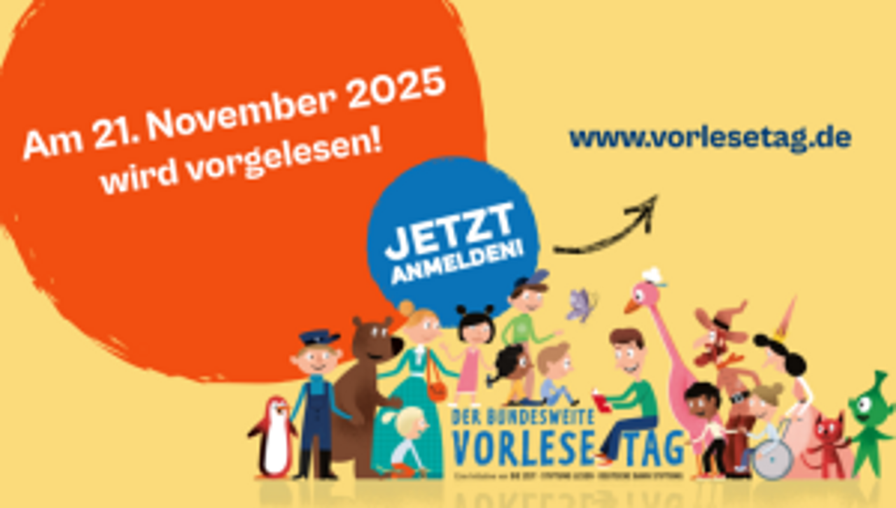 Das bunte Logo des bundesweiten Vorlestags fordert mit dem Schriftzug „Jetzt anmelden“ zum Mitmachen auf.