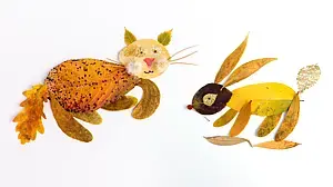 Eine Katze und ein Hase, gebastelt aus Blättern