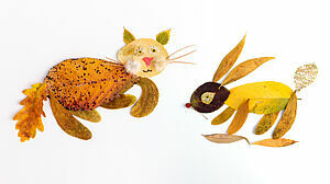 Eine Katze und ein Hase, gebastelt aus Blättern