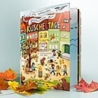 Die Titelseite des Buches „Die schönsten Geschichten für Kuscheltage" zeigt viele spielende Kinder und Tiere neben einem herbstlichen Baum und einer bunten Häuserzeile.
