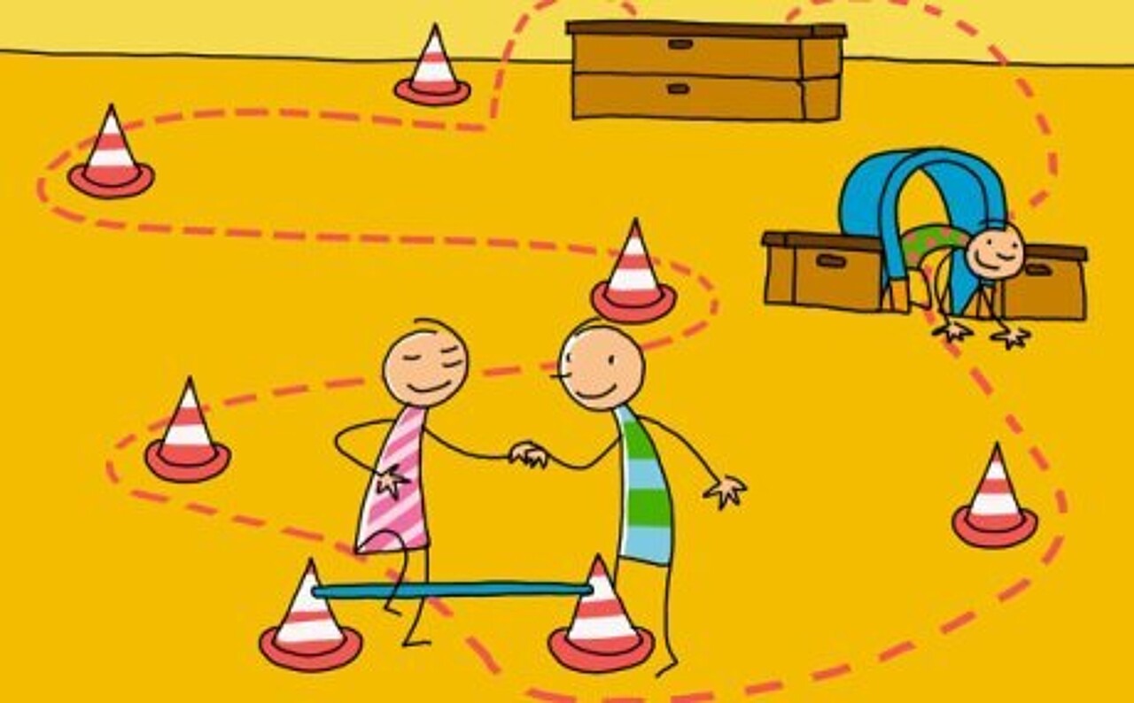 Ein gezeichnetes Bild mit Kindern in einer Turnhalle