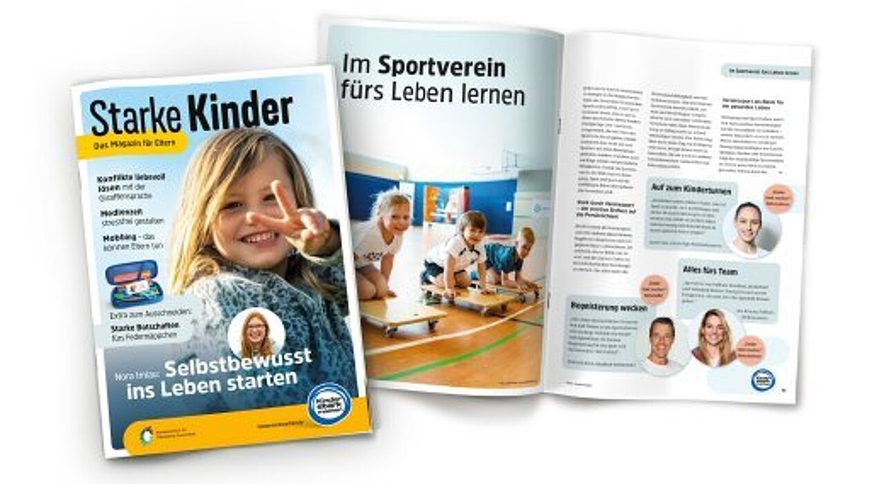 Eine Collage aus dem Cover von „Starke Kinder“ und einer aufgeschlagenen Doppelseite mit der Überschrift „Im Sportverein fürs Leben lernen“