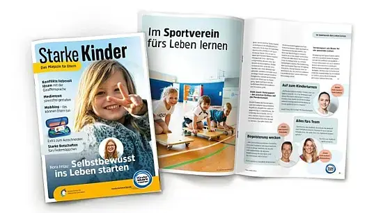 Eine Collage aus dem Cover von „Starke Kinder“ und einer aufgeschlagenen Doppelseite mit der Überschrift „Im Sportverein fürs Leben lernen“