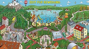 Das bunte Wimmelbild zeigt eine Stadt mit vielen Bewegungsmöglichkeiten in Häusern, auf Plätzen, im Park, auf einem Berg und an einem See.