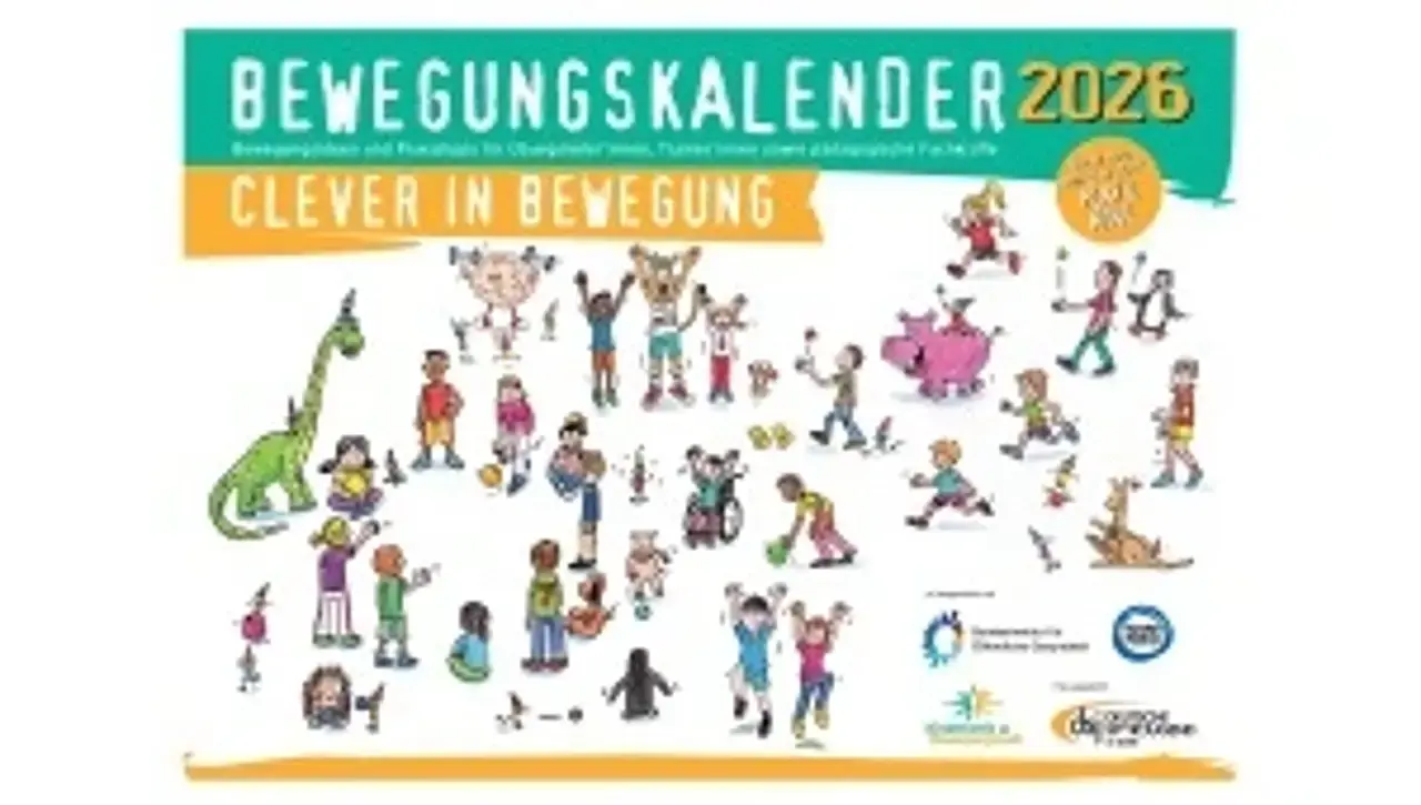  Das Titelbild des dsj-Bewegungskalenders 2026 „Clever in Bewegung“ zeigt eine Illustration von Kindern in verschiedenen Bewegungsformen. 