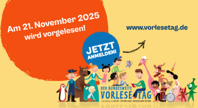 Das bunte Logo des bundesweiten Vorlestags fordert mit dem Schriftzug „Jetzt anmelden“ zum Mitmachen auf.