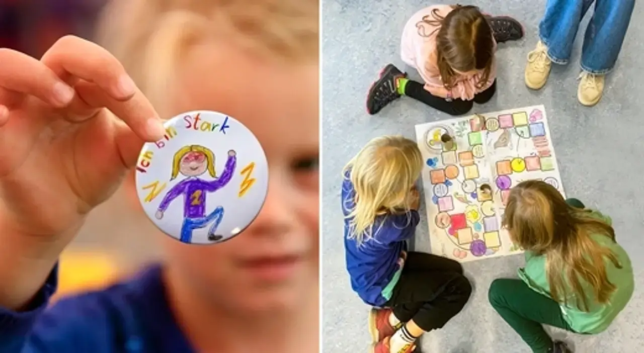 2 Bilder nebeneinander: Kinder sitzen um einen Spielplan und spielen "Party im Löwengehege", daneben ein Kind mit einem selbstgestalteten "Ich bin stark"-Button.