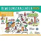Das Titelbild des dsj-Bewegungskalenders 2025 „Kinderrechte im Sport“ zeigt ein Illustration mit Kindern bei verschiedenen Kinderspielen.
