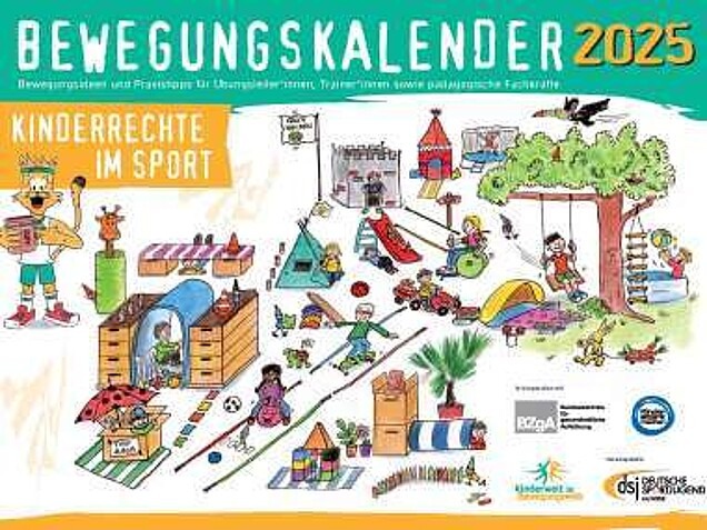 Das Titelbild des dsj-Bewegungskalenders 2025 „Kinderrechte im Sport“ zeigt ein Illustration mit Kindern bei verschiedenen Kinderspielen.