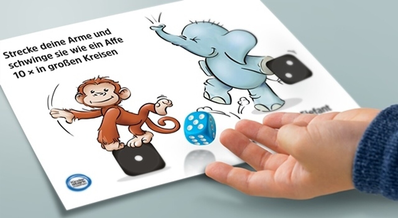Spiel: Würfeln & Bewegen Illustration von Affe und Elephant mit Hand, die würfelt.
