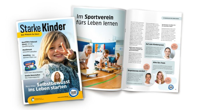 Eine Collage aus dem Cover von „Starke Kinder“ und einer aufgeschlagenen Doppelseite mit der Überschrift „Im Sportverein fürs Leben lernen“