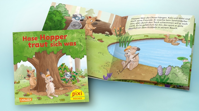Collage aus Cover und Seitenansicht des Pixi-Buchs „Hase Hopper traut sich was“ mit dem Hasen und seinen Waldtierfreunden