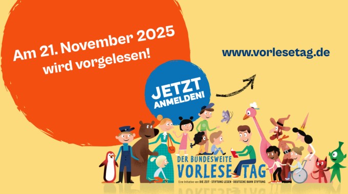 Das bunte Logo des bundesweiten Vorlestags fordert mit dem Schriftzug „Jetzt anmelden“ zum Mitmachen auf.