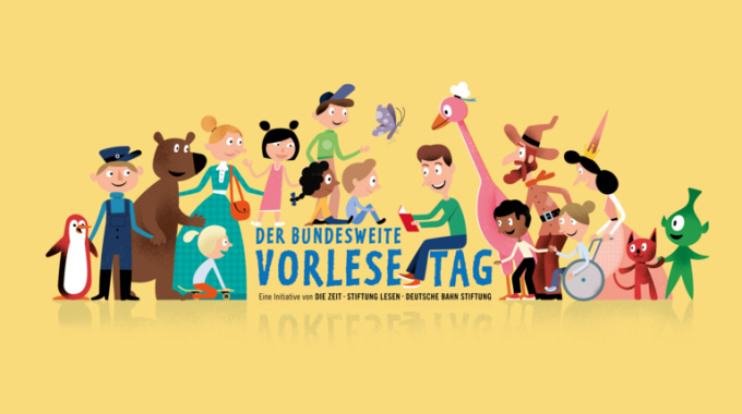 Das bunte Logo des bundesweiten Vorlestags - Illustration mit vielen Kindern und Tieren um einen Vorleser
