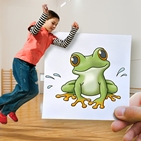Die Collage zeigt Kinder in der Turnhalle, die hüpfen wie ein Frosch und dazu die entsprechende Bildkarte - einen Frosch.