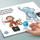 Illustration von Affe und Elephant mit Hand, die würfelt.
