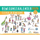 Das Titelbild des dsj-Bewegungskalenders 2026 „Clever in Bewegung“ zeigt eine Illustration von Kindern in verschiedenen Bewegungsformen.