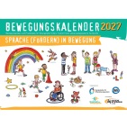 Der dsj-Bewegungskalender 2027 zeigt eine Illustration von Kindern bei verschiedenen Bewegungsspielen, daneben einen Regenbogen.